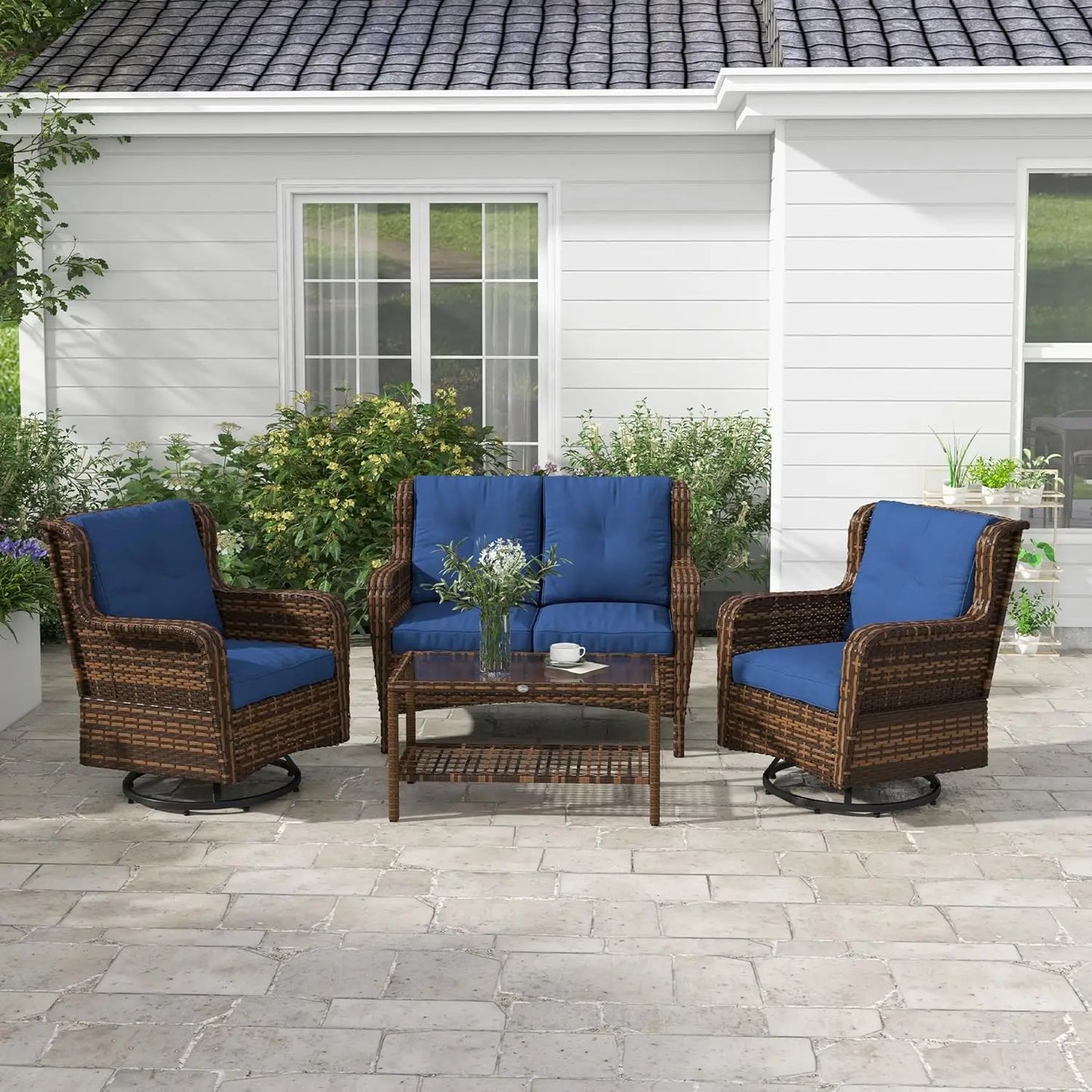 Outdoor PE Rattan Patio Set With Swivel Chairs