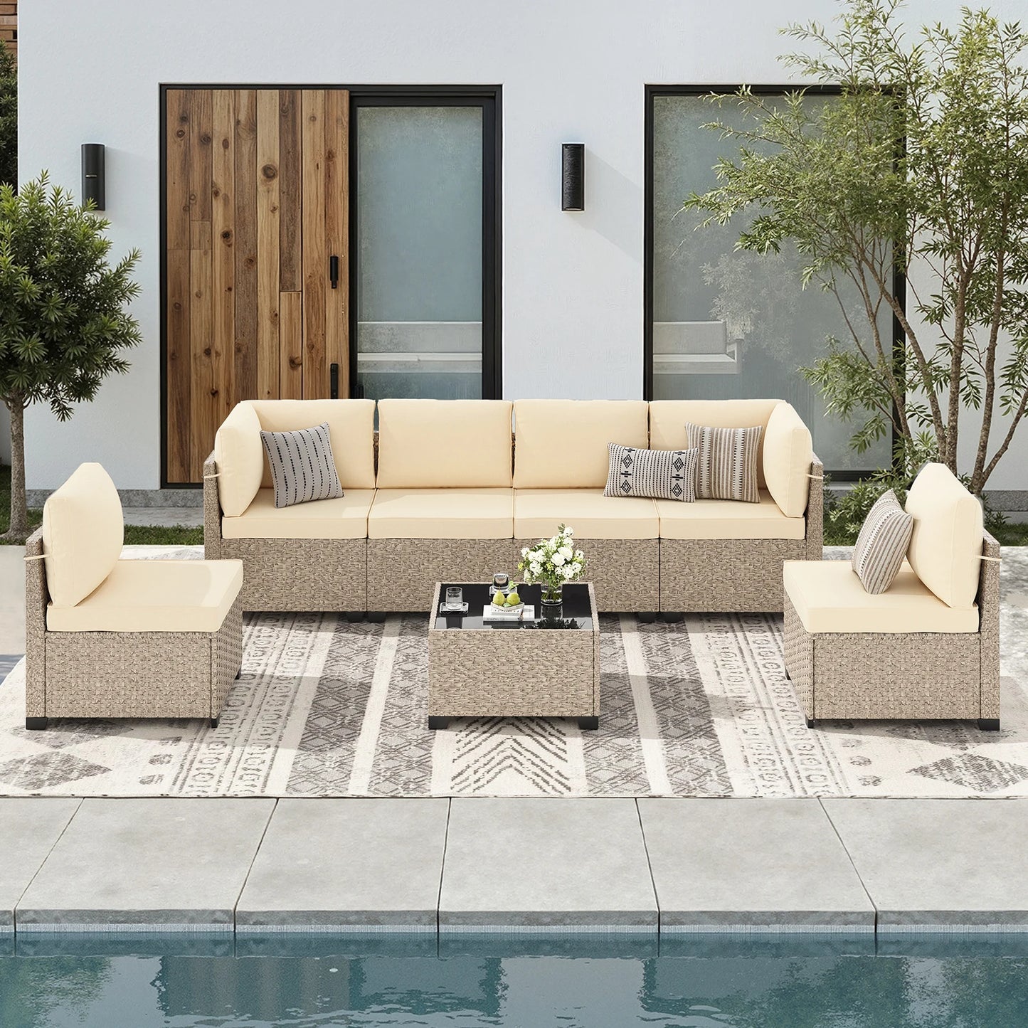 Outdoor 7 Piece Furniture Set Sectional Sofa Tempered Glass Table
