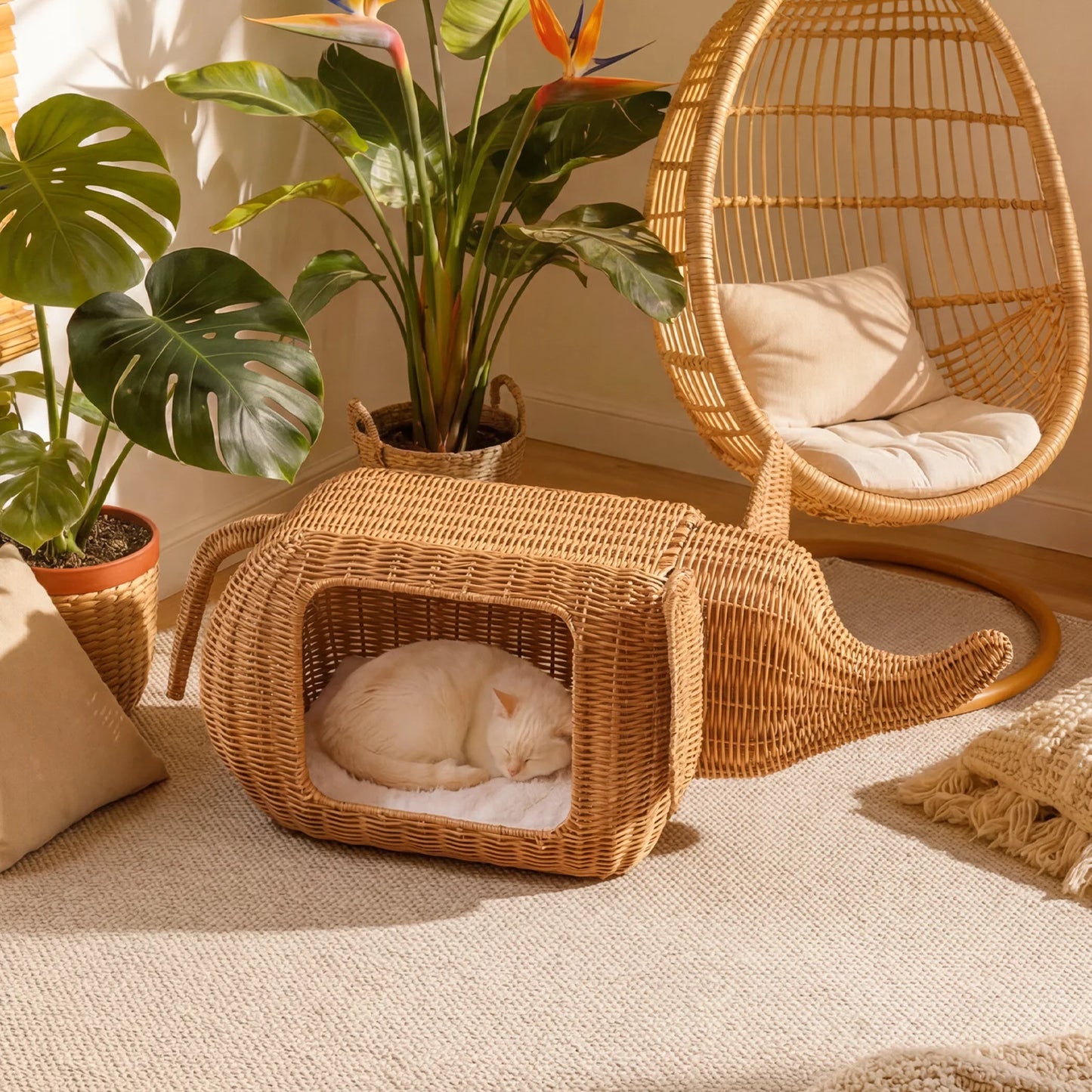 PEQULTI Handmade Elephant Rattan Cat Condo Bed Plush Hideaway